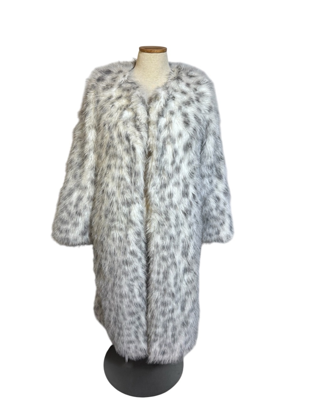 Topshop White-Gray Spotted Faux Fur Long Coat Size Large